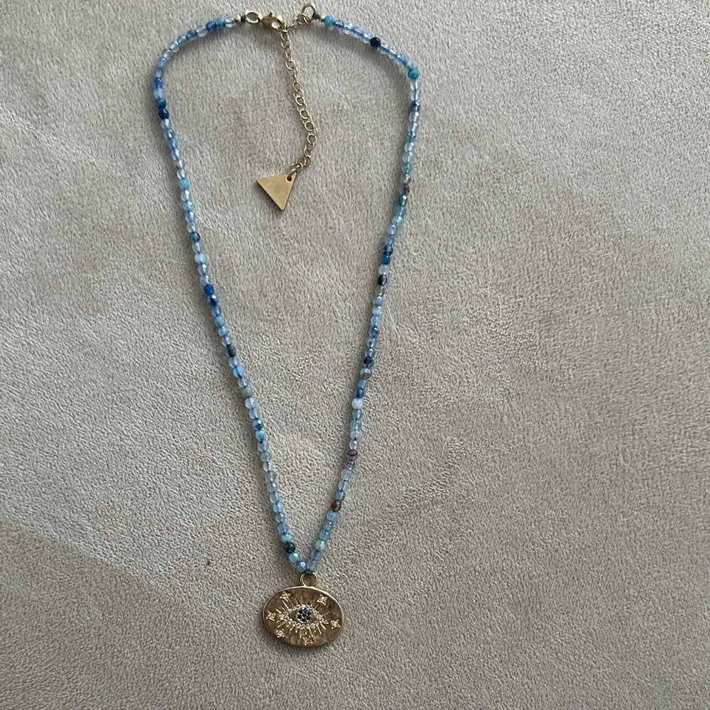 Chic Blue Beaded Necklace with Evil Eye 🧿 Gold Pendant